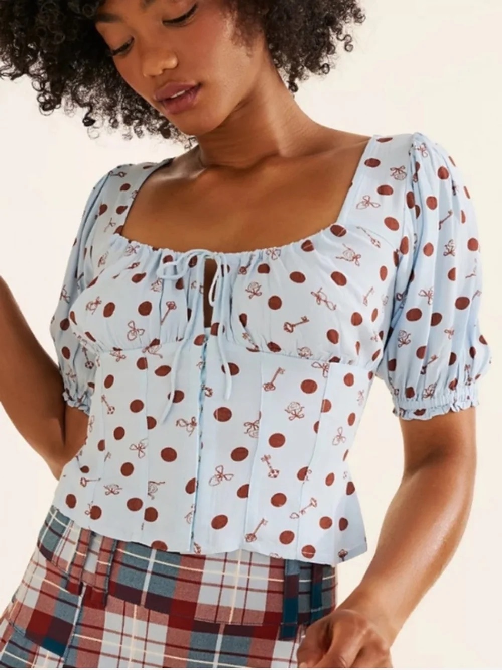 Free People Light Blue Polka Dot Puff Sleeve Tie-Front Corset Top